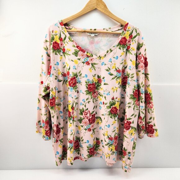 Pioneer Women Pink Floral Popover Top Size XXXL, 3XL,  V Neck, Large Pink Flower - Picture 1 of 9